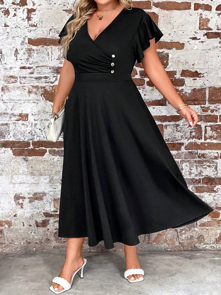 Calvaya 大碼蝴蝶袖紐扣細節連衣裙 - 黑色 - 查看 1