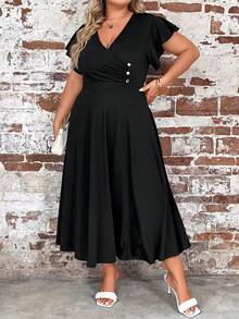 Calvaya 大碼蝴蝶袖紐扣細節連衣裙 - 黑色 - 查看 3