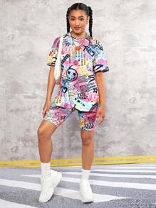 SHEIN 青少年女孩卡通和標語圖案落肩T恤和騎行褲