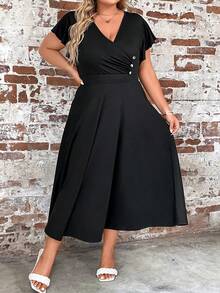 Calvaya 大碼蝴蝶袖紐扣細節連衣裙 - 黑色 - 查看 7