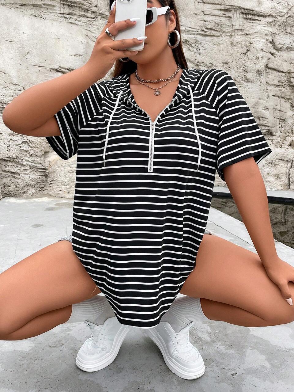 Plus Striped Print Half Zip Drawstring Hooded Tee Women Graphic Tee Top For Summer