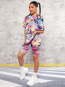 SHEIN 青少年女孩卡通和標語圖案落肩T恤和騎行褲
