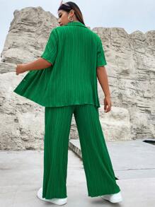 Flirla 大碼素色前紐扣襯衫和闊腿褲 - 綠色 - 查看 2