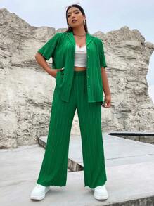 Flirla 大碼素色前紐扣襯衫和闊腿褲 - 綠色 - 查看 4