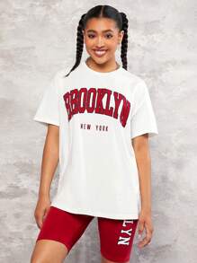 SHEIN Ragazze Adolescenti con grafica lettera Maglietta con spalla cadenti & Pantaloncini da ciclismo