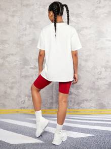 SHEIN Ragazze Adolescenti con grafica lettera Maglietta con spalla cadenti & Pantaloncini da ciclismo