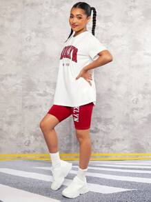 SHEIN Ragazze Adolescenti con grafica lettera Maglietta con spalla cadenti & Pantaloncini da ciclismo