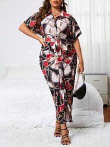 SHEIN Clasi 大碼錬條圖案腰帶襯衫洋裝 - 彩色 - 查看 1