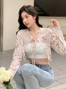 DAZY Floral Print Tie Front Crop Top Without Cami Top - Multicolor - View 1