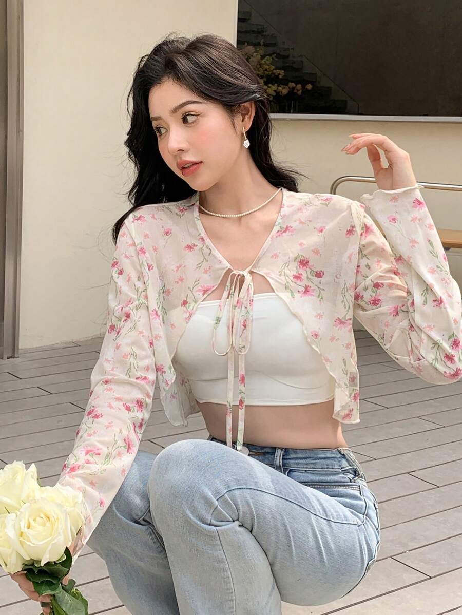 DAZY Floral Print Tie Front Crop Top Without Cami Top - Multicolor - View 1