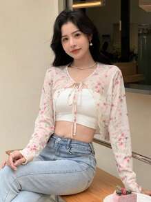 DAZY Floral Print Tie Front Crop Top Without Cami Top - Multicolor - View 4