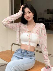 DAZY Floral Print Tie Front Crop Top Without Cami Top - Multicolor - View 6