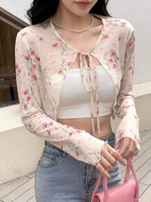 DAZY Floral Print Tie Front Crop Top Without Cami Top - Multicolor - View 7