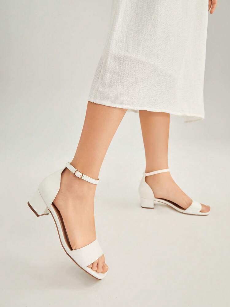 SheIn BIZ Elegant Ankle Strap Sandals For Women, Buckle Decor Chunky Heeled Sandals - White - View 1