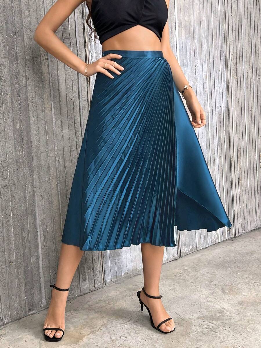 SHEIN Privé 百褶圍裹下擺緞面半身裙 - 藍色 - 查看 1