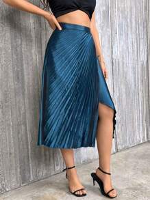 SHEIN Privé 百褶圍裹下擺緞面半身裙 - 藍色 - 查看 5