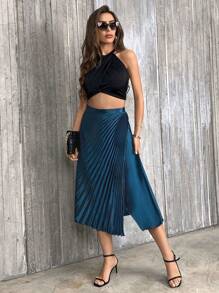 SHEIN Privé 百褶圍裹下擺緞面半身裙 - 藍色 - 查看 6