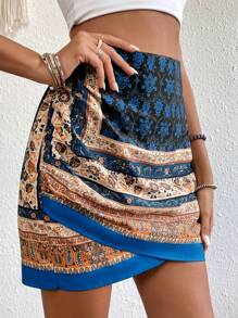 Grefit SHEIN VCAY 花和佩斯利圖案圍裹下擺半身裙 - 藍色 - 查看 5