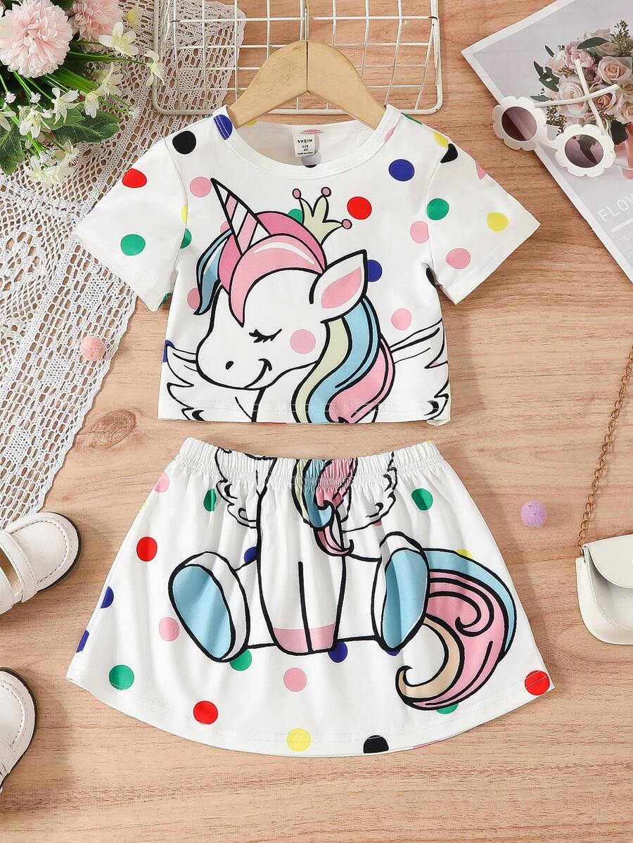 SHEIN 小女童獨角獸印花T恤和裙子套裝 - 白色 - 查看 1