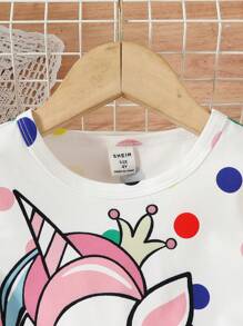 SHEIN 小女童獨角獸印花T恤和裙子套裝 - 白色 - 查看 4