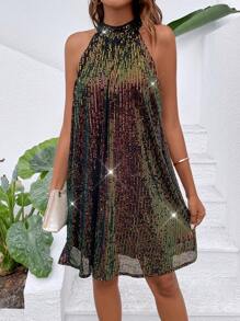 Breezaya Sequin Halter Neck Keyhole Back Dress - Multicolor - View 6