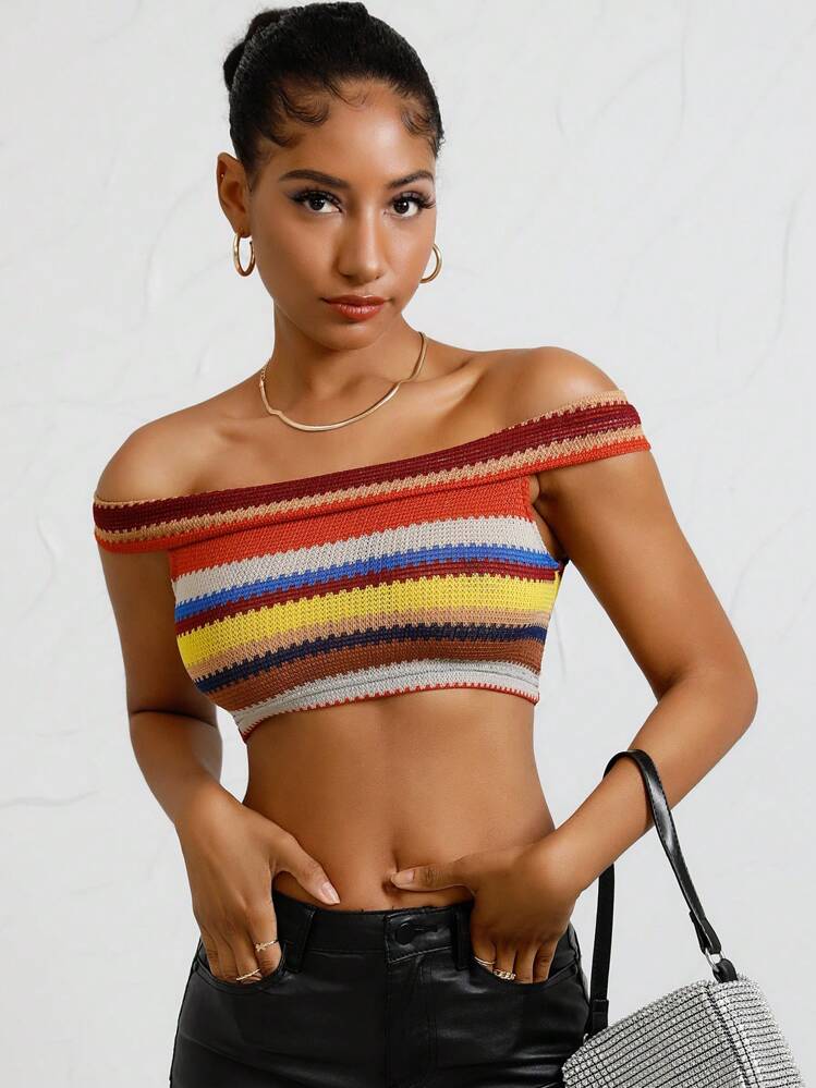 SHEIN ストライプ オフショルダー クロップトップ - マルチカラー - 見る 7