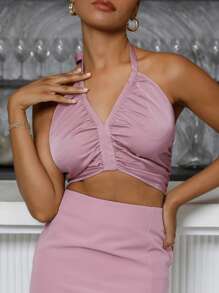 SHEIN Áo khoác và áo lót dành cho xe tăng nữ Lộ Lưng Xù Buộc lại màu trơn Gợi cảm - Bụi hồng - Xem 8