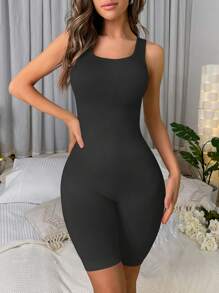 SHEIN Women's Casual Comfy High Stretch Black Backless Long Shapewear Bodysuit - Black - View 1