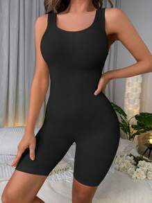 SHEIN Women's Casual Comfy High Stretch Black Backless Long Shapewear Bodysuit - Black - View 4