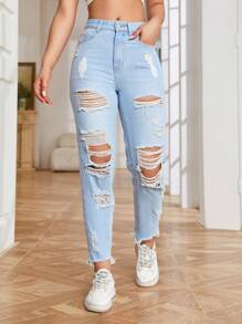 SHEIN EZwear Quần jean nữ Túi Bị tách Dây kéo màu trơn - Rửa nhẹ - Xem 3