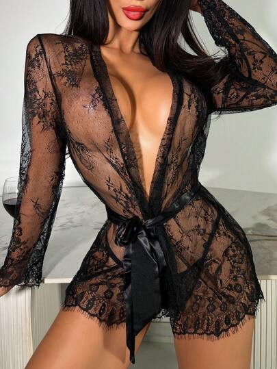 Bloemen Kanten Belted Robe Thong, Lingerie, Baddie Look