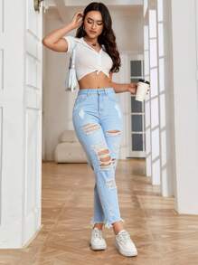SHEIN EZwear Quần jean nữ Túi Bị tách Dây kéo màu trơn - Rửa nhẹ - Xem 4