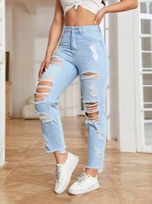 SHEIN EZwear Quần jean nữ Túi Bị tách Dây kéo màu trơn - Rửa nhẹ - Xem 5