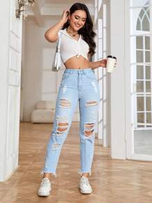 SHEIN EZwear Quần jean nữ Túi Bị tách Dây kéo màu trơn - Rửa nhẹ - Xem 1