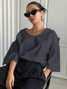 DAZY Solid Drop Shoulder Tee - Grey - View 1