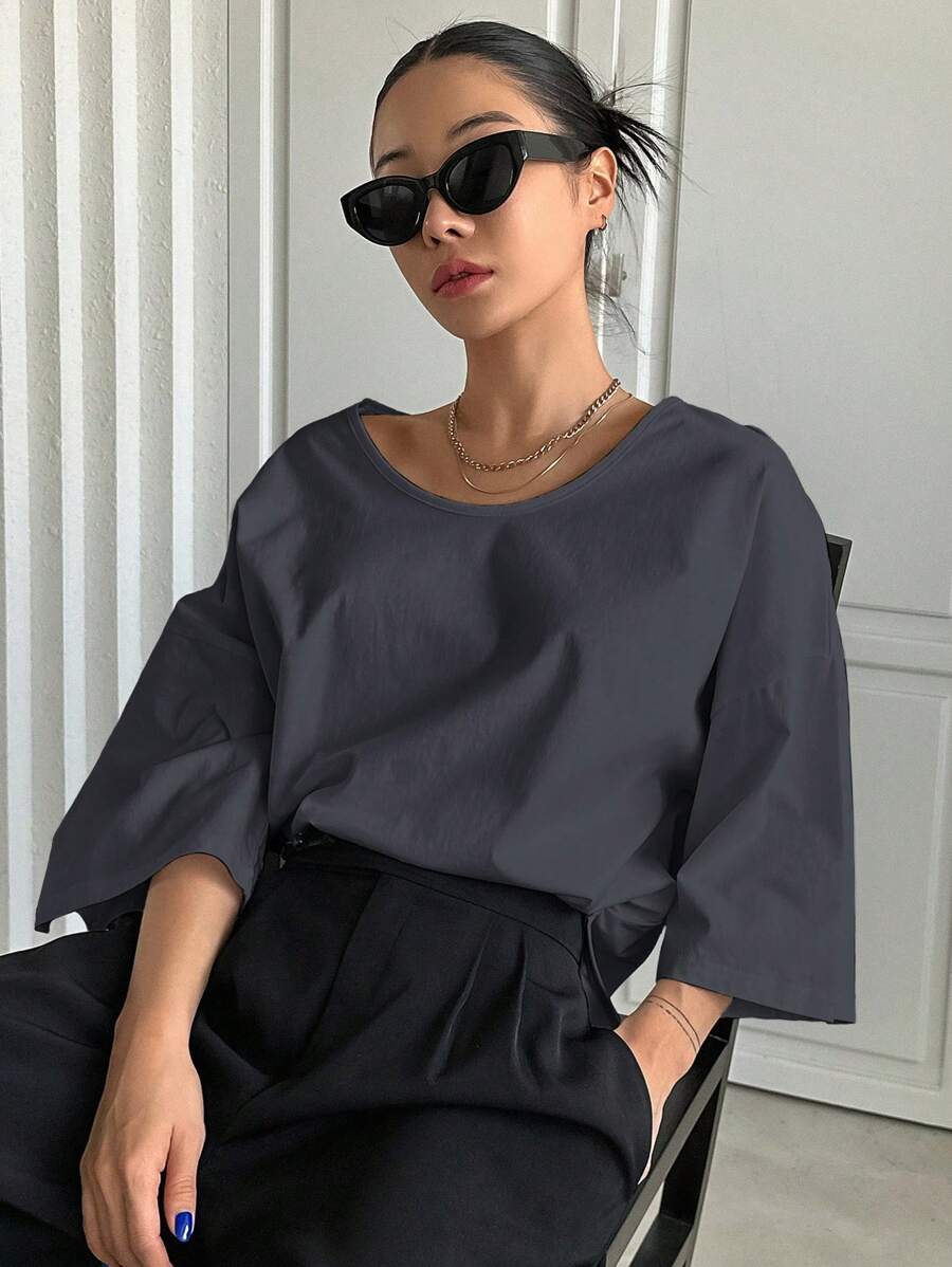 DAZY Solid Drop Shoulder Tee - Grey - View 1