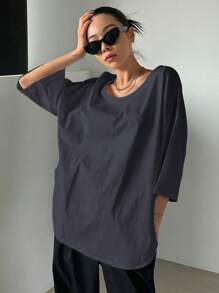 DAZY Solid Drop Shoulder Tee - Grey - View 3