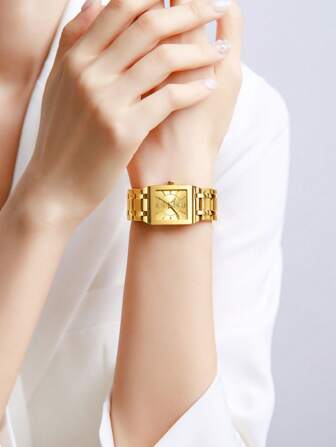 LIEBIG 1入組男士女性金色不銹鋼帶時尚方形錶盤石英適用於日常生活