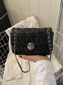 Versatile Diamond Grid Chain Shoulder Bag, Summer 2023 New Stylish Small Square Bag For Women - Black - View 2