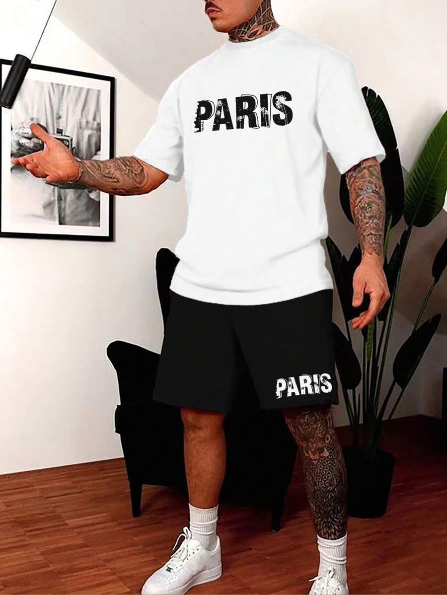 Manfinity Homme 男士字母圖案T恤和腰部抽繩短褲 - 黑與白 - 查看 1