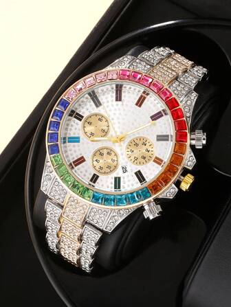 Men Rhinestone Decor Triple Dial Date Quartz Watch Holiday As A Gift For Students Returning To School
