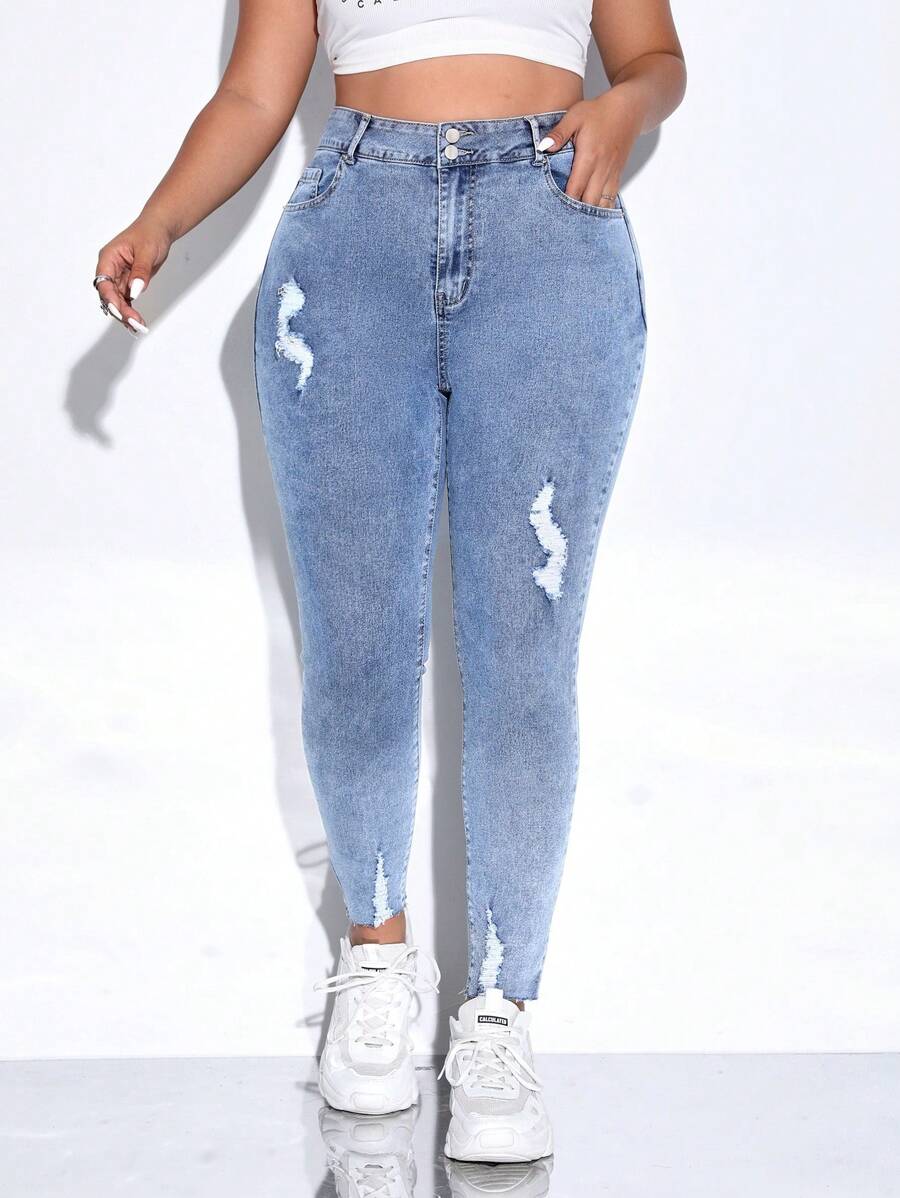 Plus High Waist Ripped Raw Cut Skinny Jeans