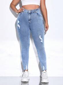 Plus High Waist Ripped Raw Cut Skinny Jeans