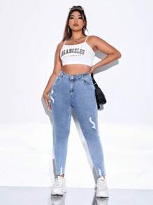 Plus High Waist Ripped Raw Cut Skinny Jeans