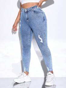 Plus High Waist Ripped Raw Cut Skinny Jeans