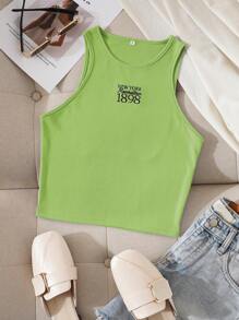 INAWLY Áo crop top thêu chữ họa tiết áo thun nữ - Màu xanh chanh - Xem 1