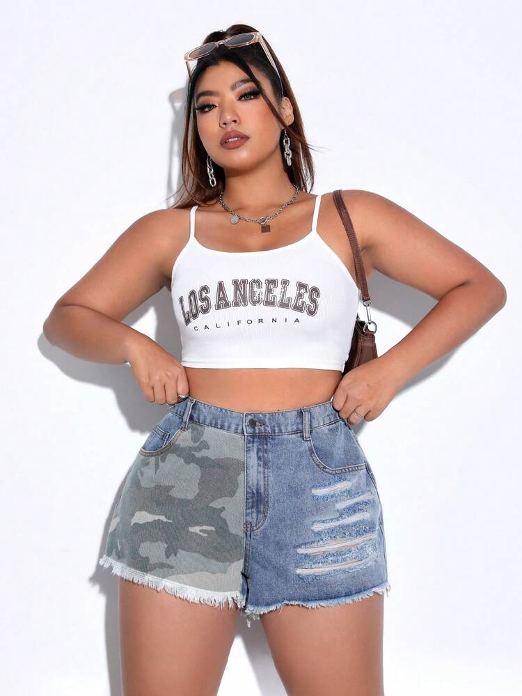 Plus Camo Print Ripped Raw Cut Denim Shorts - Medium Wash - View 5