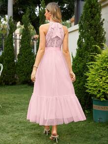 Simplee 蕾絲拼接荷葉邊腰帶掛脖連衣裙 - 粉色 - 查看 2