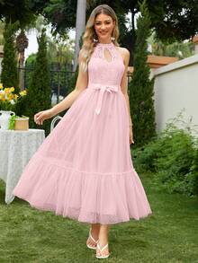 Simplee 蕾絲拼接荷葉邊腰帶掛脖連衣裙 - 粉色 - 查看 4