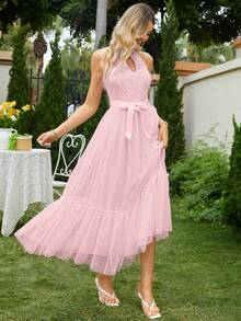 Simplee 蕾絲拼接荷葉邊腰帶掛脖連衣裙 - 粉色 - 查看 6